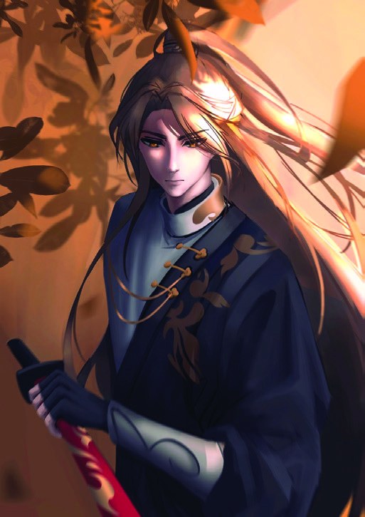 Digital portrait of a long-haired knight in dark robes under autumn leaves