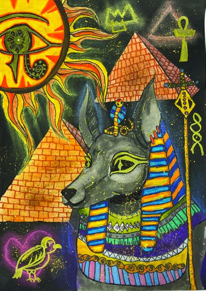 Anubis before pyramids with the eye of Horus blazing like a sun