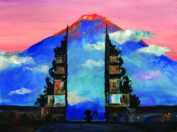 Acrylic painting of a Balinese split gate before a blue volcano under a pink sky, with a small monkey silhouette in the doorway