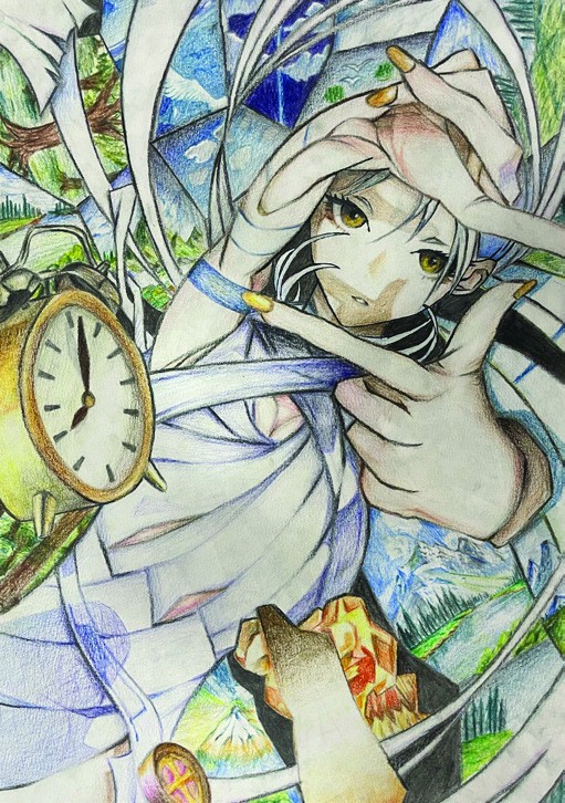 Colored pencil illustration of a girl framing her eye with her fingers beside an alarm clock, surrounded by kaleidoscope landscape panels