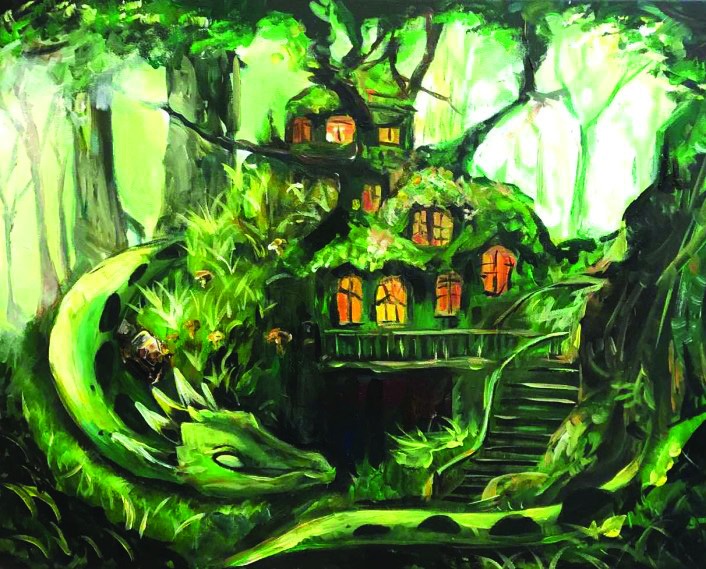 Acrylic painting of a green dragon curled around a lantern-lit treehouse deep in a forest