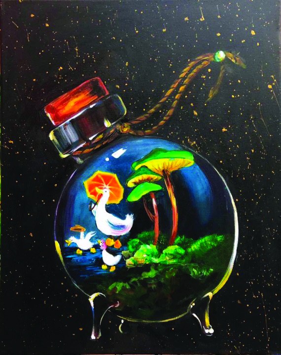 Acrylic painting on black of a corked glass bottle terrarium holding ducks with a tiny umbrella under glowing mushrooms