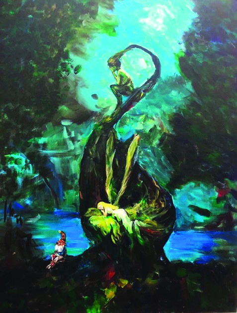 Dark acrylic painting of a sculptural forest spirit arching over a sleeping figure beside moonlit water
