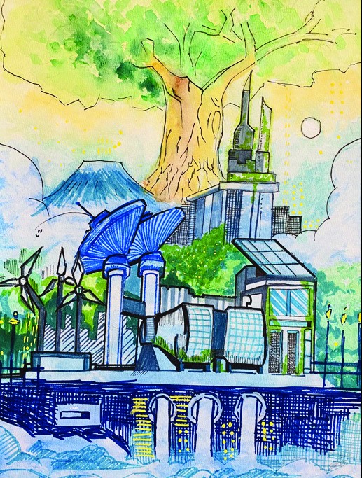 Watercolor and fineliner cityscape of a giant tree and garden skyscrapers above a blue harbor with wind turbines