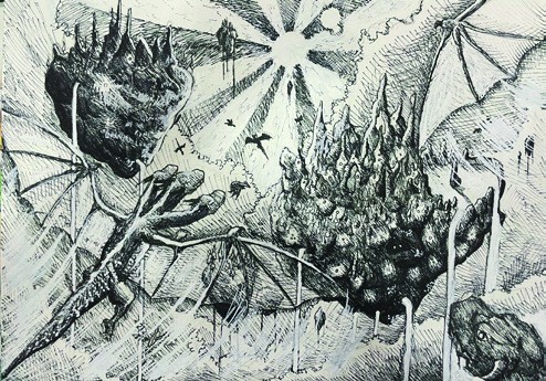 Pen and ink drawing of floating fortress islands carried on bat-like dragon wings beneath a radiating sky