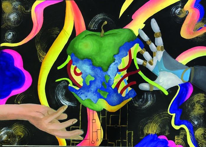 Acrylic painting of hands reaching toward a half-eaten apple painted as the earth, outlined in neon pink and yellow on black