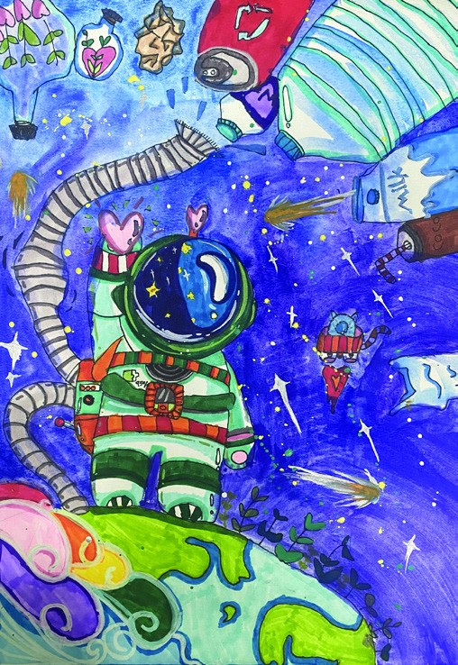 Marker illustration of an astronaut floating among hearts, drink bottles and a striped space hose on a deep blue star field