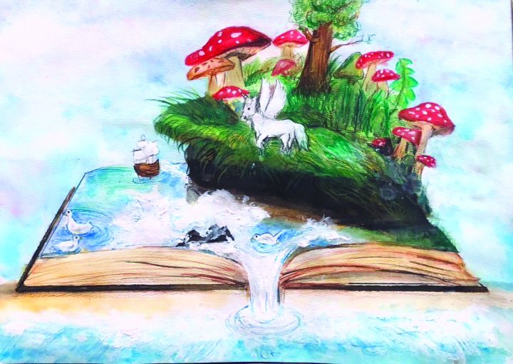 Watercolor painting of an open storybook turning into an island of red mushrooms, a white horse and a waterfall