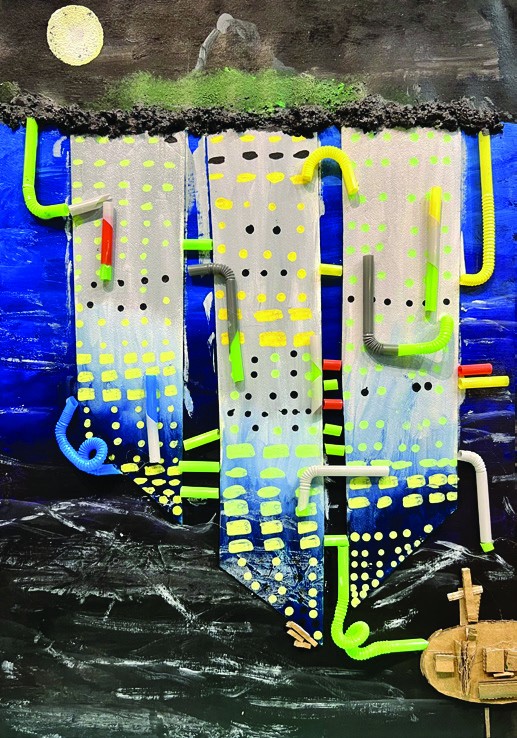 Mixed media collage of three tower banners built from drinking straws and paint dots on a black night sea