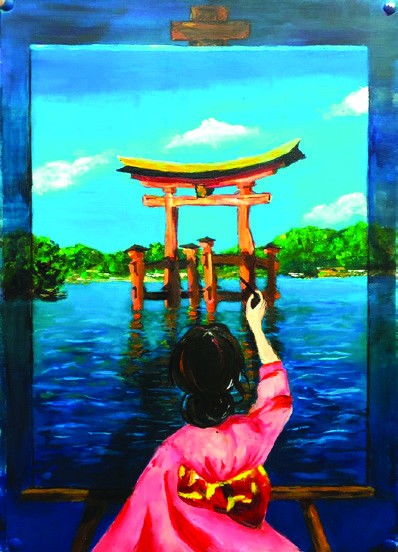 Acrylic painting of an artist in pink robes at an easel painting a red torii gate rising from a lake