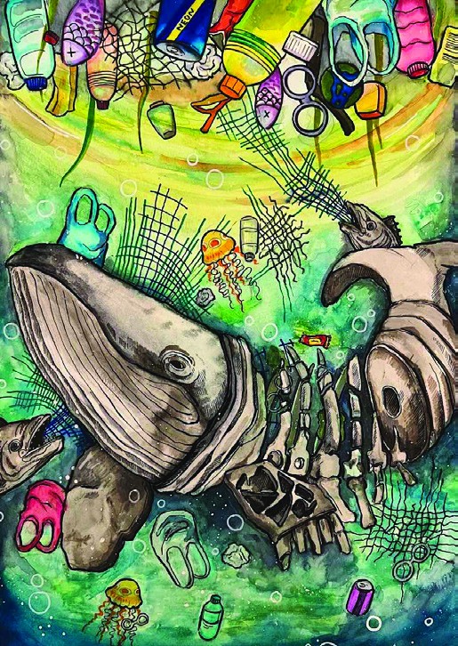 Watercolor and ink artwork of a whale skeleton drifting among plastic bottles, nets and jellyfish in a green sea