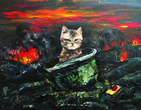 Impasto acrylic painting of a cat sitting in an overturned bin amid a burning landscape at sunset