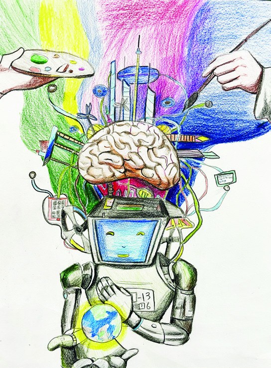 Pencil and marker drawing of a robot holding the earth beneath a blooming brain of city ideas