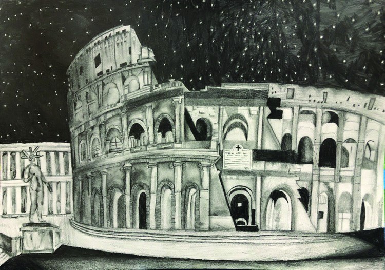 Charcoal drawing of the Colosseum under a starry night sky