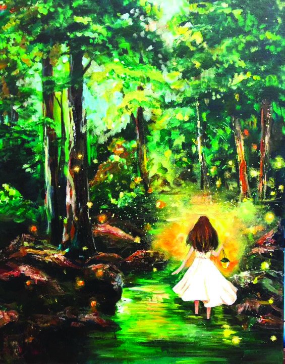 Girl in a white dress wading through a firefly-lit forest stream at dusk
