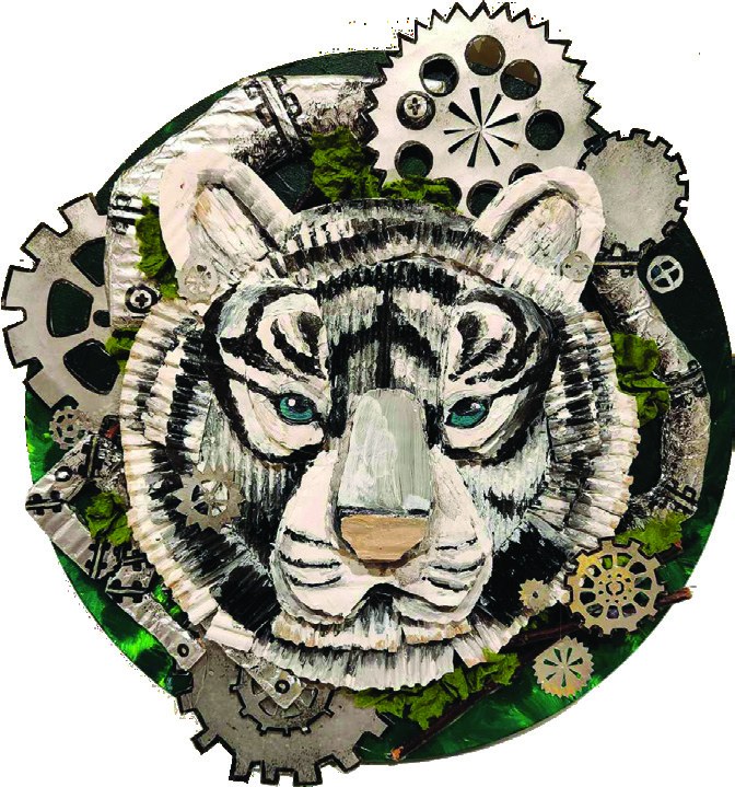 Relief collage of a white tiger head ringed by silver gears and moss