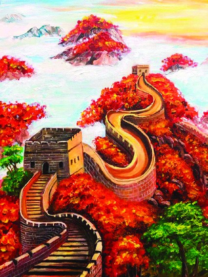 The Great Wall winding through flame-red autumn hills at sunset