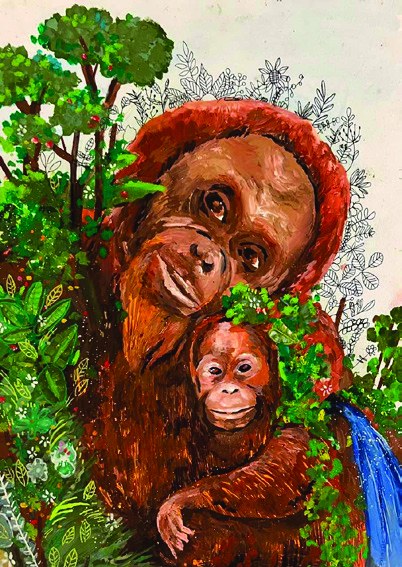 Painting of an orangutan mother cradling her baby in a green rainforest