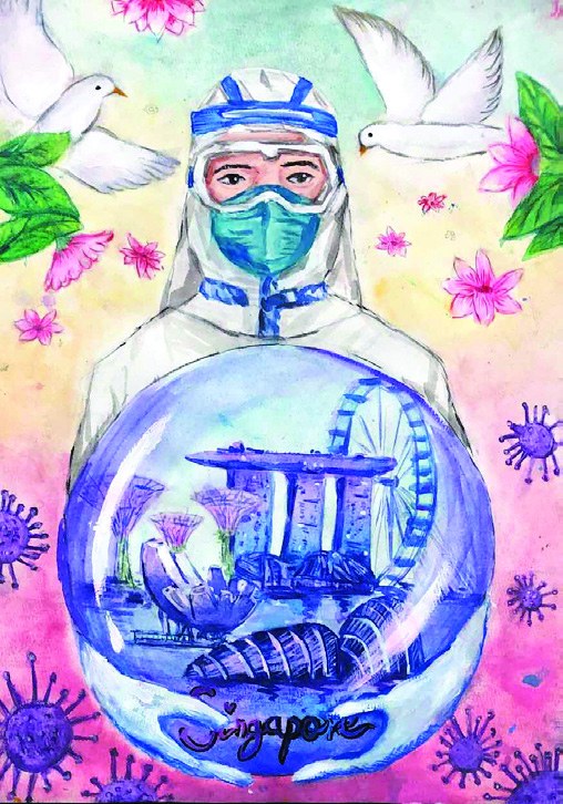 Watercolour tribute of a masked healthcare worker holding a snow globe of Singapore landmarks, ringed by doves and blossoms