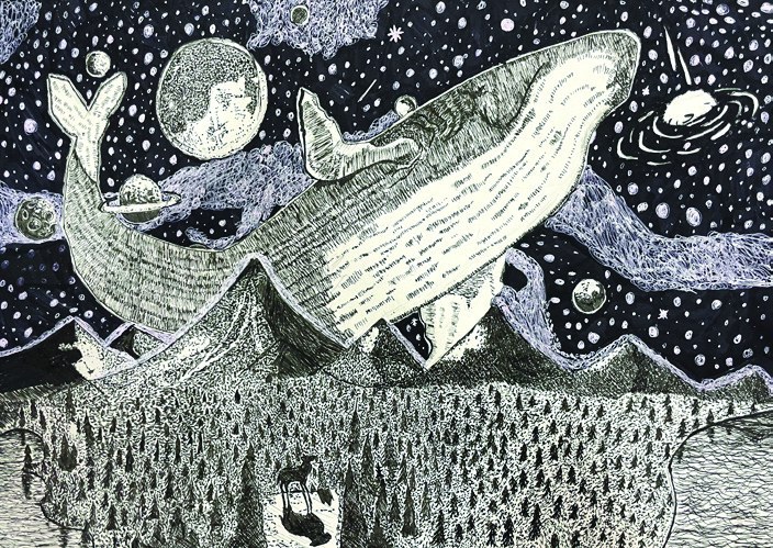 Scratchboard whale collaged from newspaper print gliding over a starry mountain plain