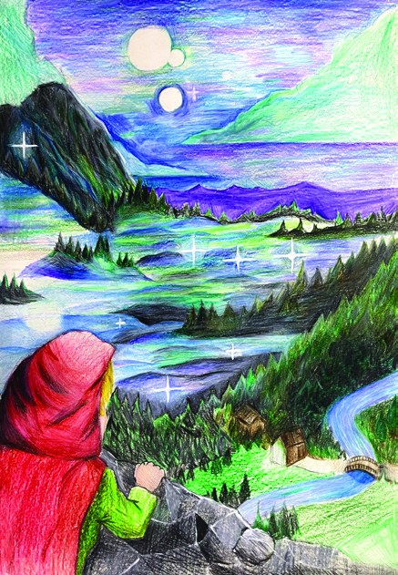 Coloured-pencil valley of pine forests and rivers watched by a child in a red hood