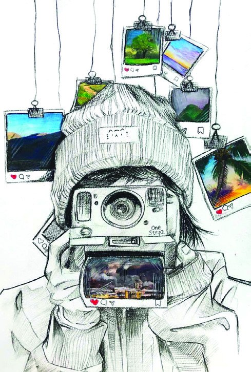 Pen drawing of a child in a beanie raising an instant camera, surrounded by hanging photo prints