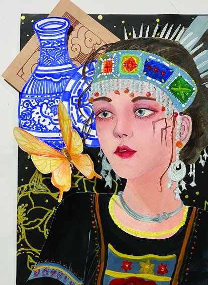 Girl in an embroidered headdress beside blue-and-white porcelain vases with a golden butterfly