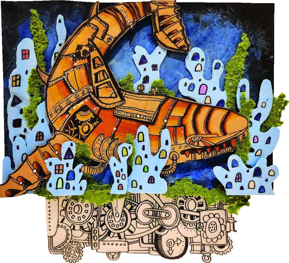 Mixed-media diorama of a copper steampunk shark swimming past paper coral houses and gears