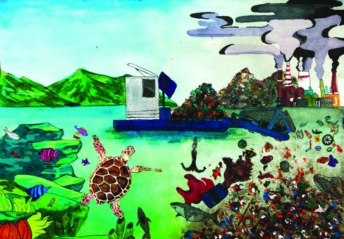 Watercolour of a sea turtle swimming between a coral reef and a tide of floating rubbish