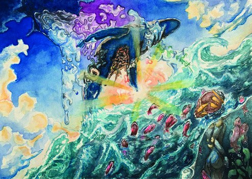 Watercolour whale bursting through a turquoise wave under a golden sky