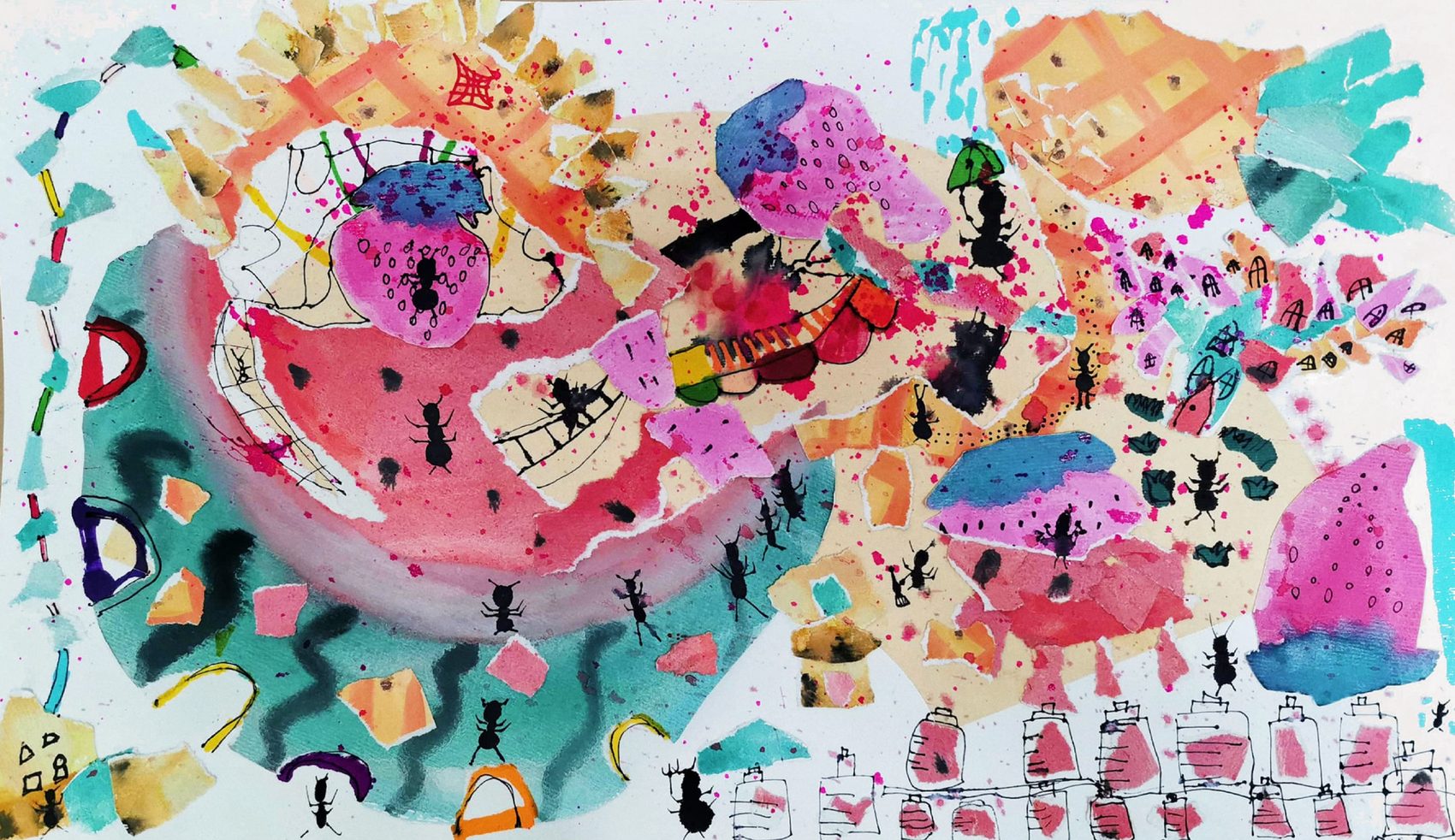 Ants carrying torn-paper fruits across the page, with watercolour speckles and fine ink lines
