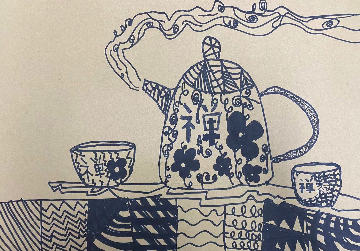 Teapot and two cups drawn in blue line patterns on kraft paper, with patterned steam rising from the spout