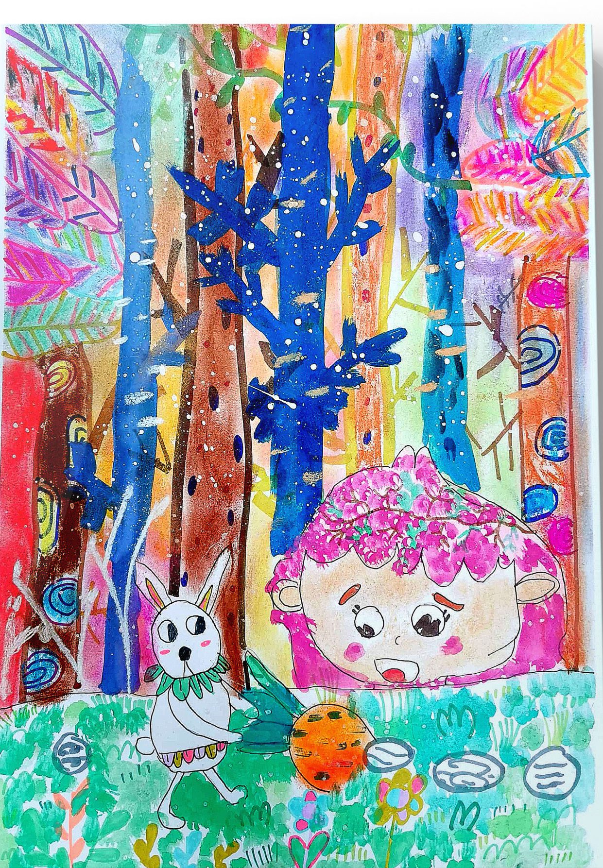 Watercolour forest scene of a small rabbit pulling a carrot from the earth