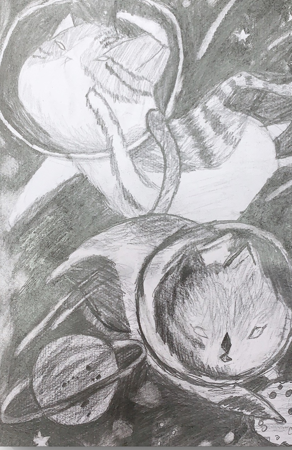 Pencil drawing of two cats floating in space helmets among planets, stars and a cookie moon