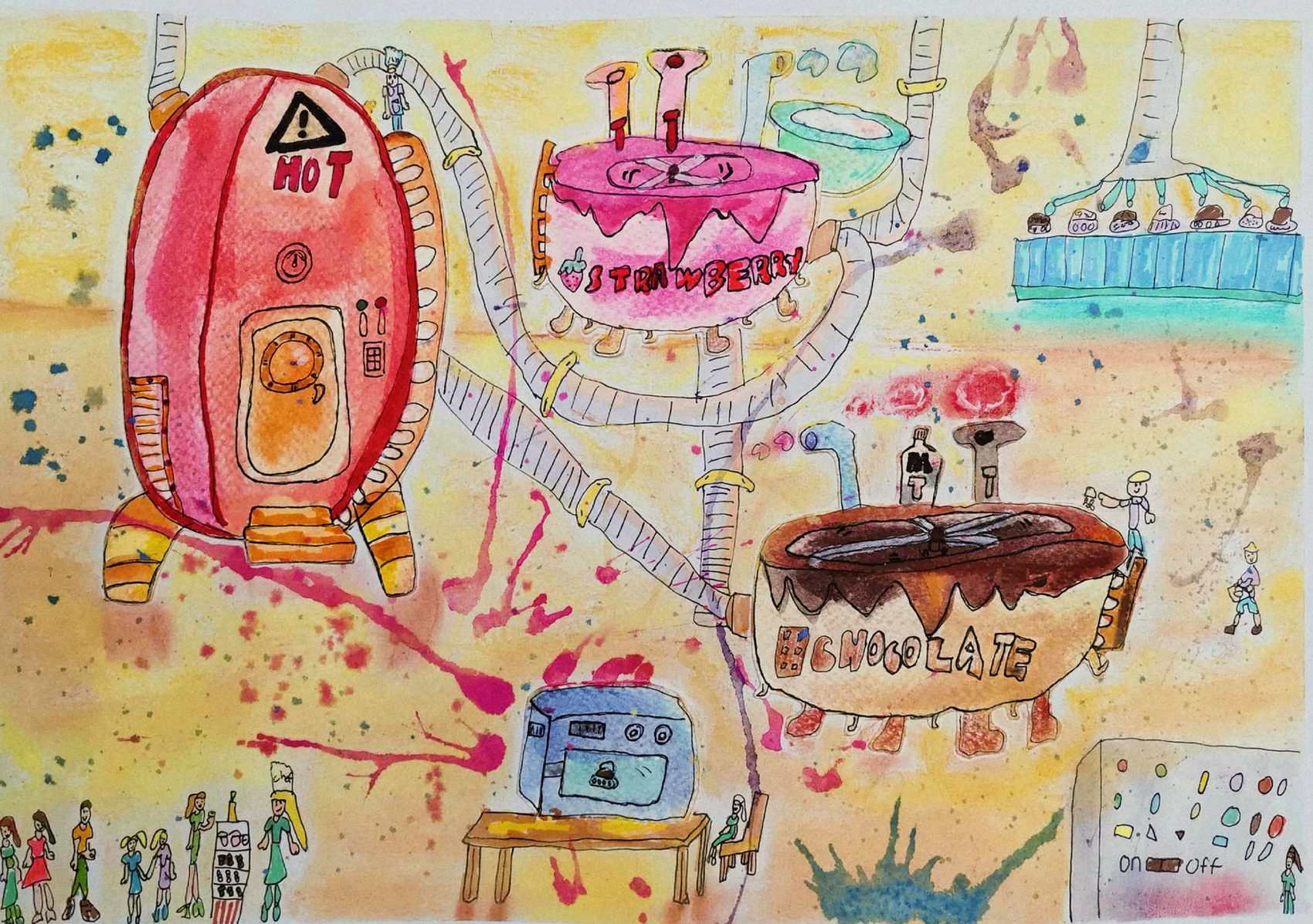 Watercolour scene of a busy chocolate factory