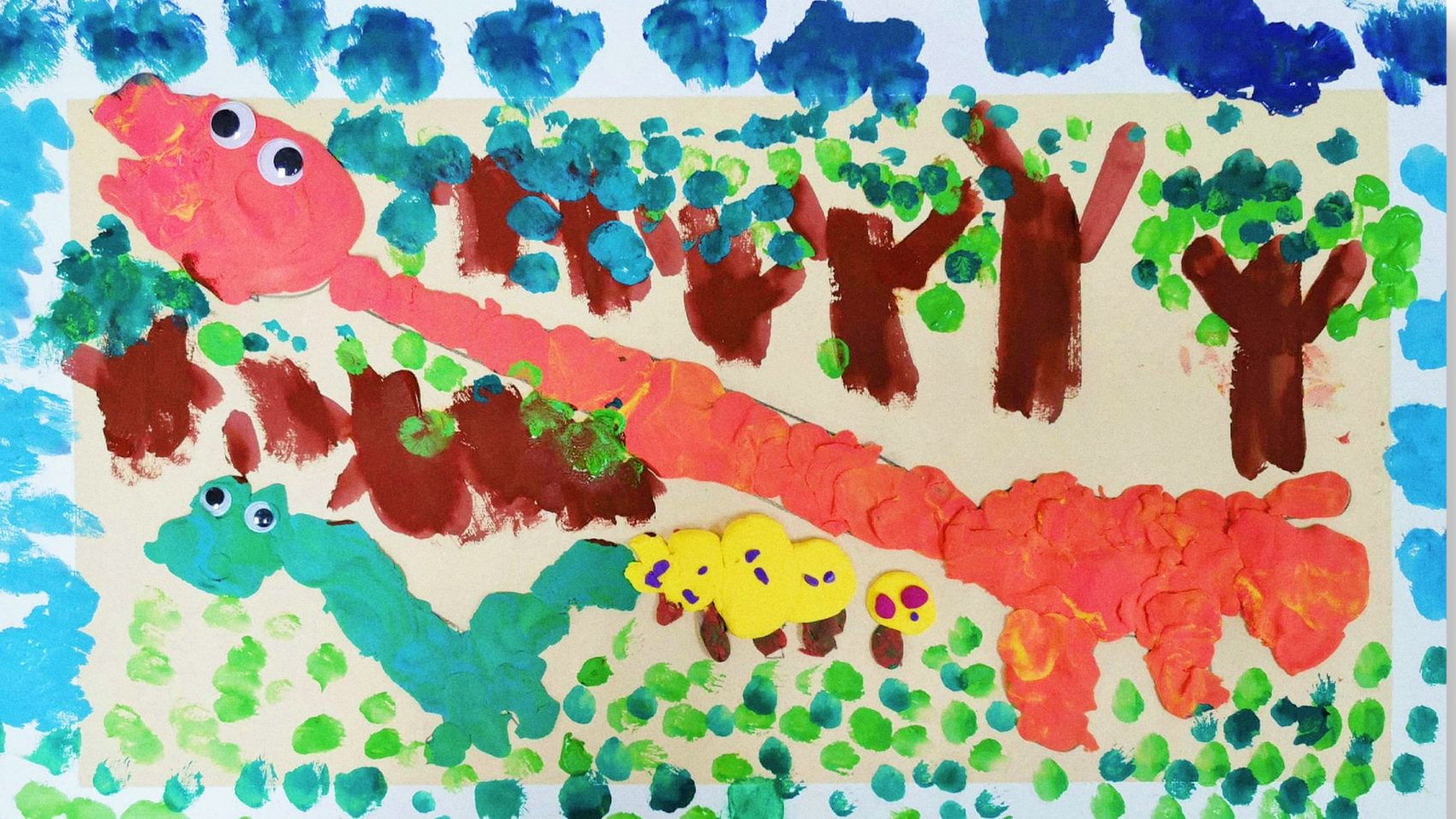 Clay relief of a long-necked dinosaur in the forest, Ages 4–5