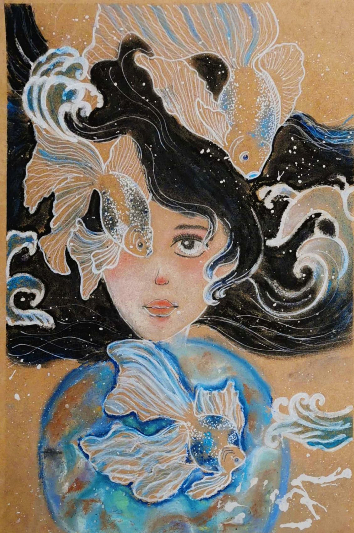 Girl whose flowing black hair becomes ocean waves, with goldfish swimming through it above a blue planet, on kraft paper