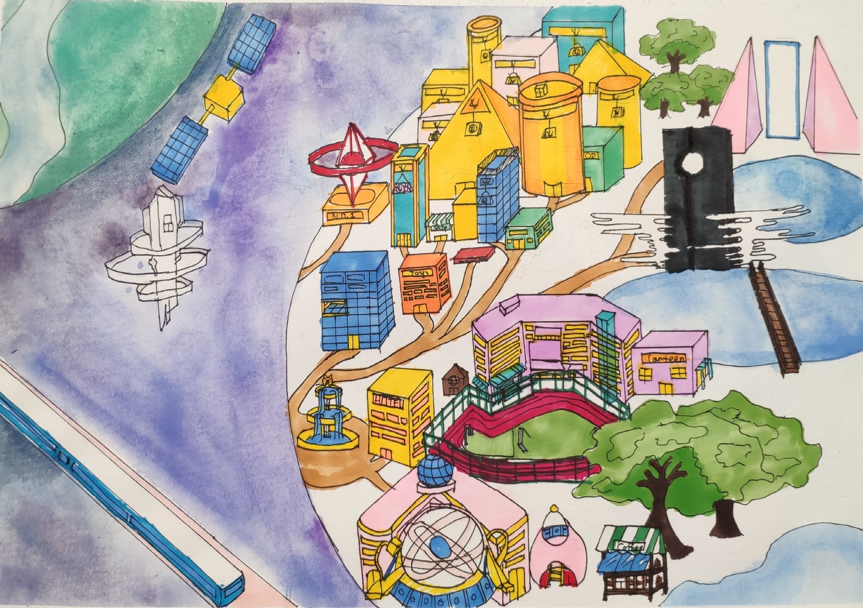 Watercolor and ink aerial map of an imagined future city park with colorful towers, bridges, lakes and a monorail
