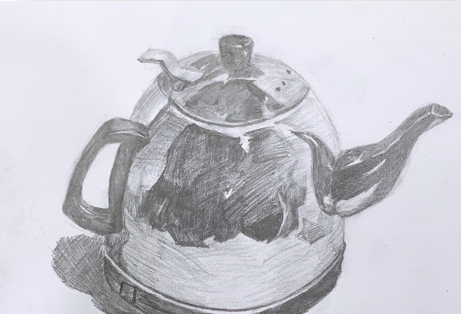 Pencil still life sketch of a glass electric kettle with soft cast shadow