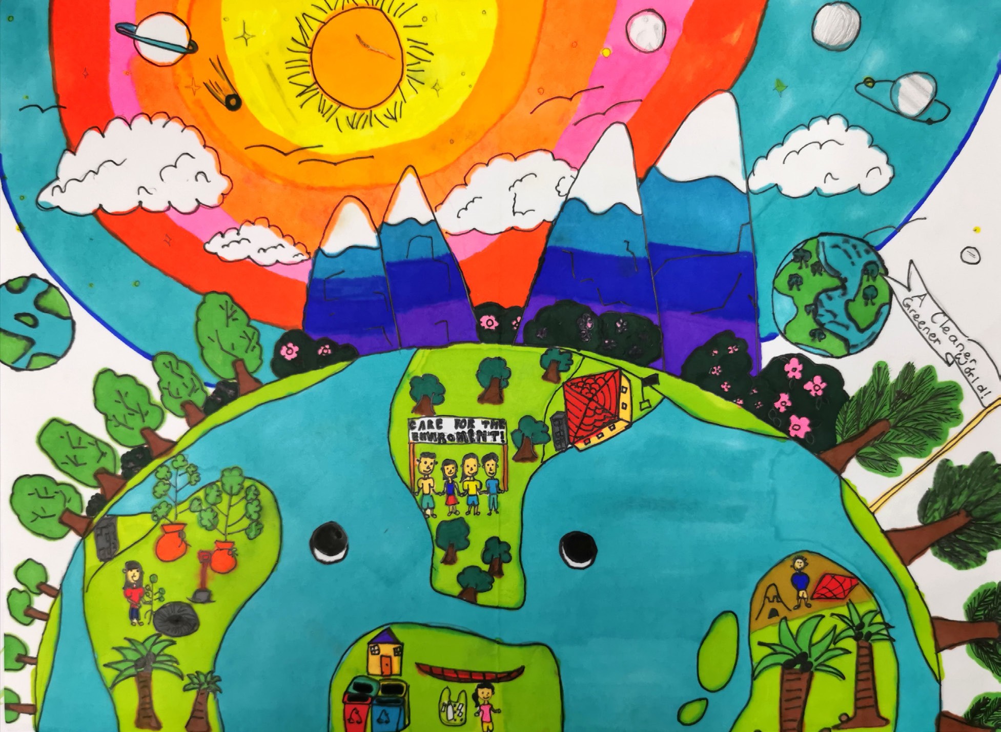 Marker illustration of a smiling green earth with tiny people planting trees and recycling beneath snow mountains, a rainbow sky and planets