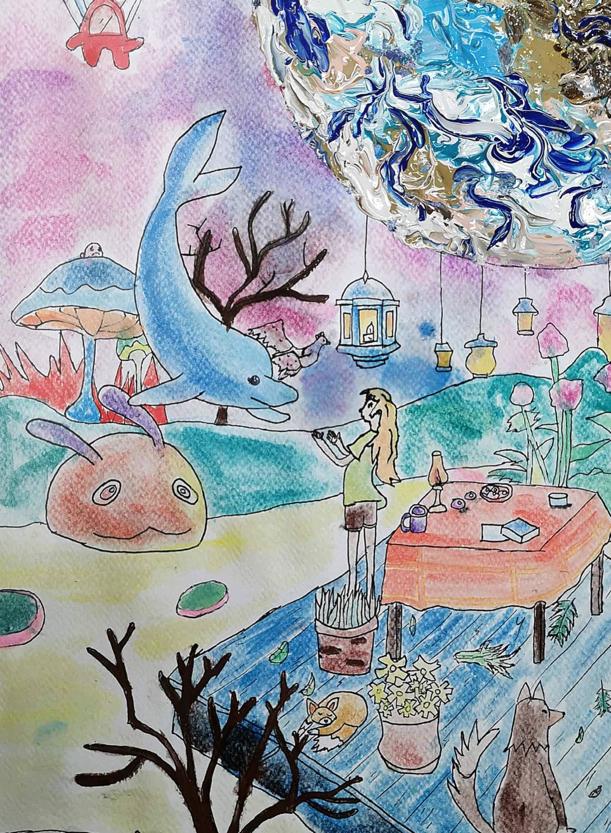 Watercolour fantasy scene built around a thickly painted glowing planet