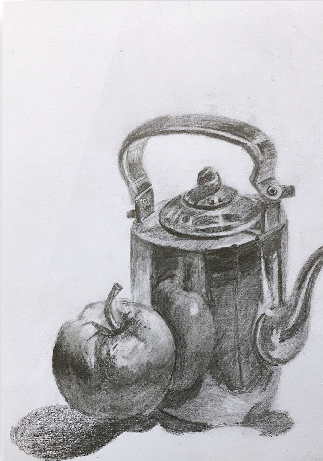 Pencil still life sketch of a metal kettle with an apple and pear and strong cast shadows