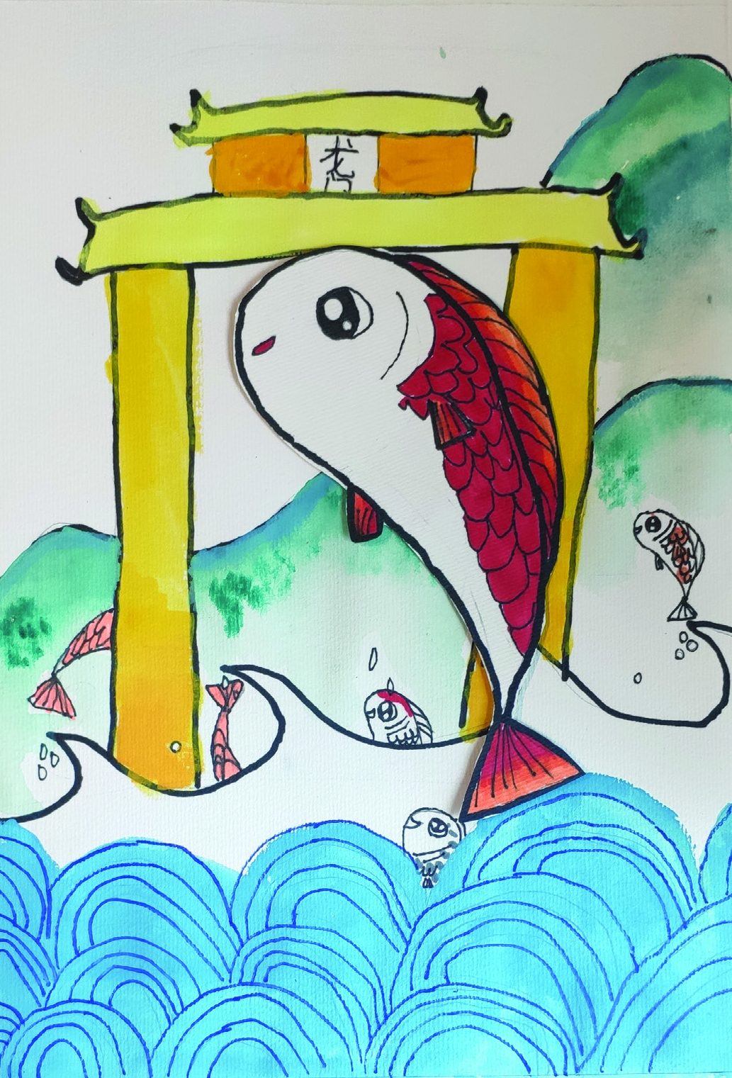 Red and white koi leaping through a golden dragon gate above swirling blue waves