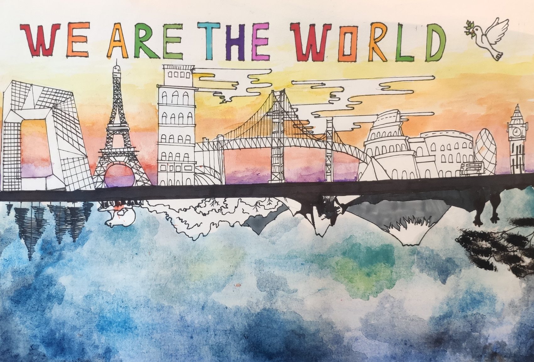 Watercolour of world landmarks, from the Eiffel Tower to Big Ben and the Golden Gate Bridge, reflected upside down in blue water