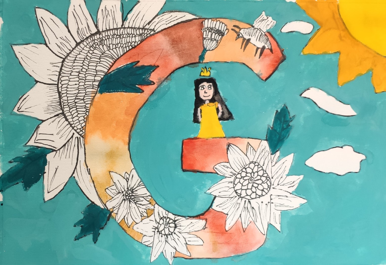 Letter design artwork of a large letter G wrapped in line-drawn sunflowers with a small crowned princess standing inside