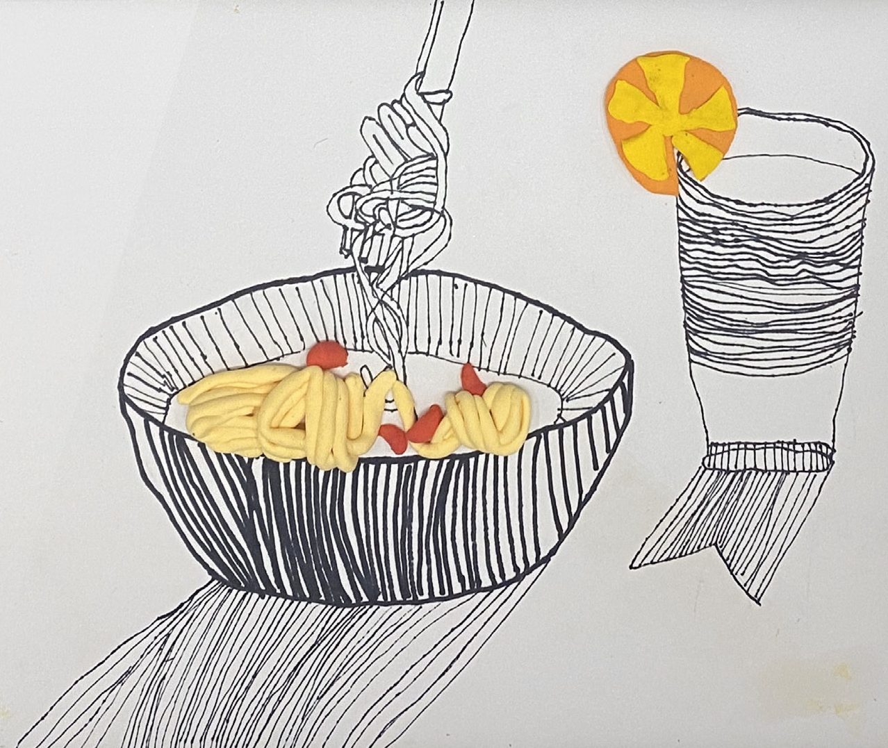 Fine-line drawing of a noodle bowl and fish-shaped drink, finished with clay noodles and an orange slice