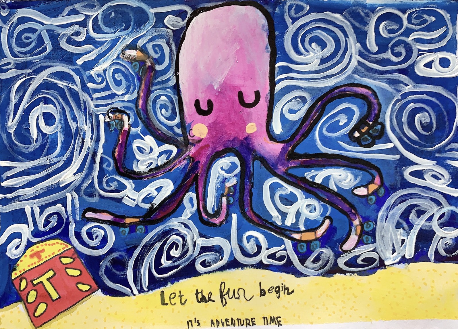 Pink octopus drifting through swirling blue and white water above a yellow seabed, with the words Let the fun begin