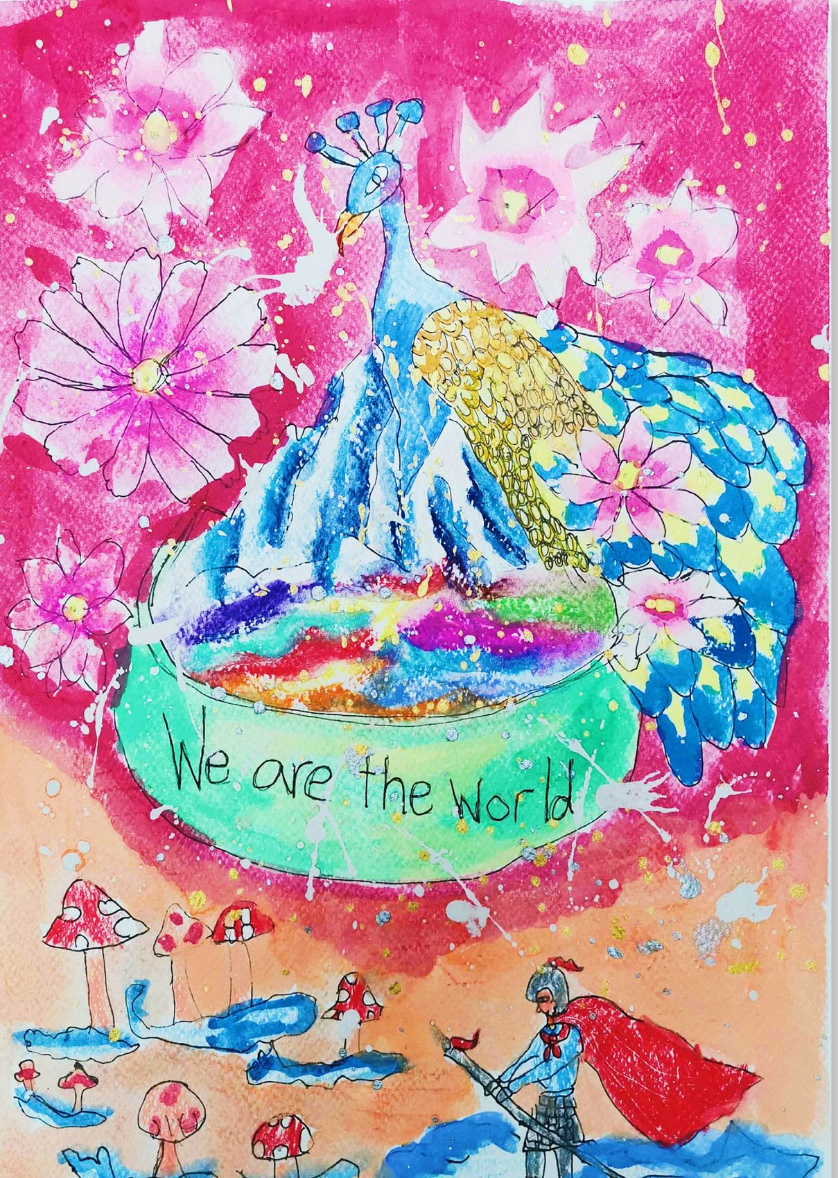 Blue and gold peacock perched above a bowl of swirling rainbow colours, surrounded by pink flowers