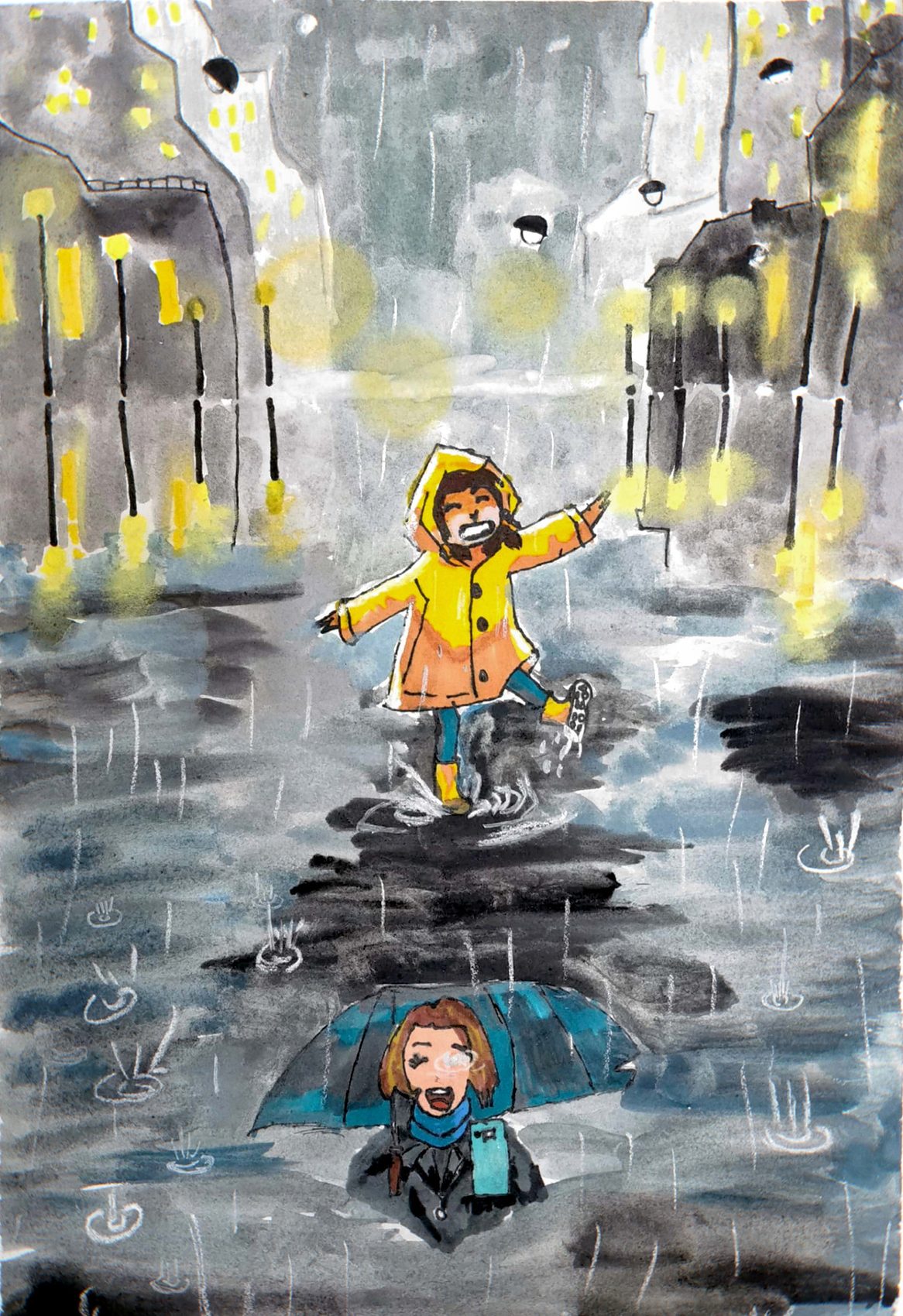 Child in a yellow raincoat splashing through a puddle, painted in loose watercolour washes