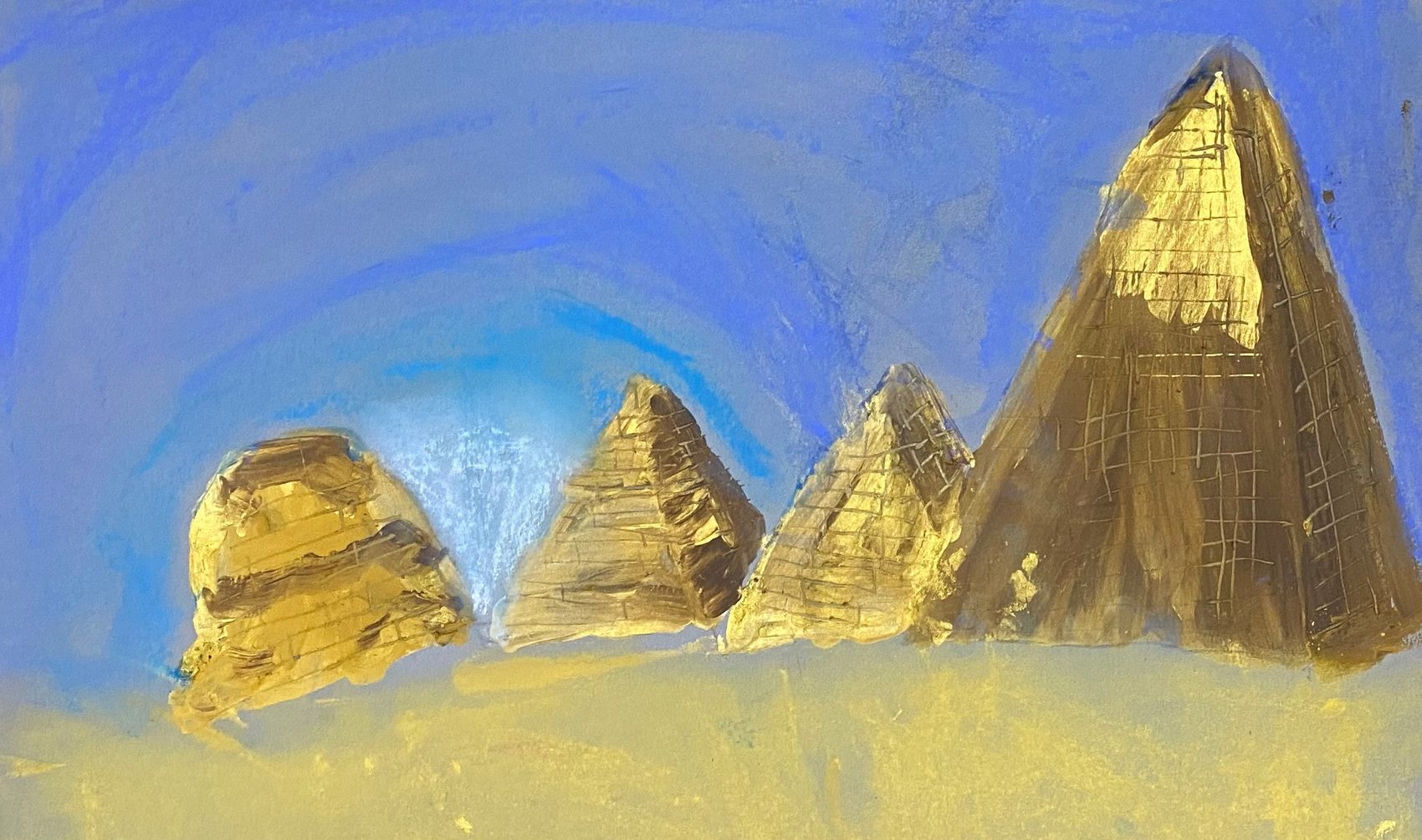 Golden pyramids and palm trees revealed in scratch art against a dark night sky